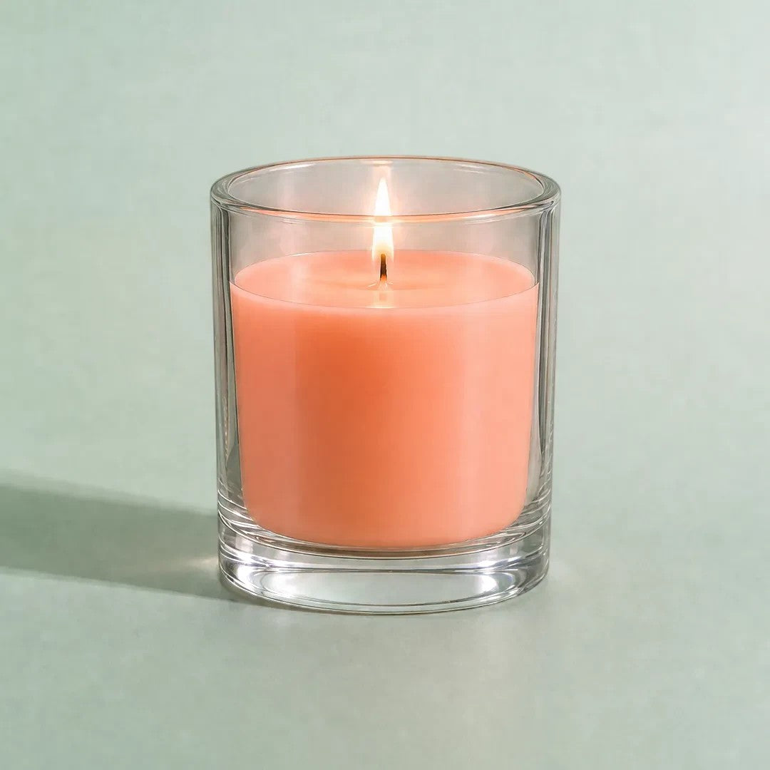 Pure Candle Supplies Melbourne fluro peach candle dye chip result in a lit glass container candle