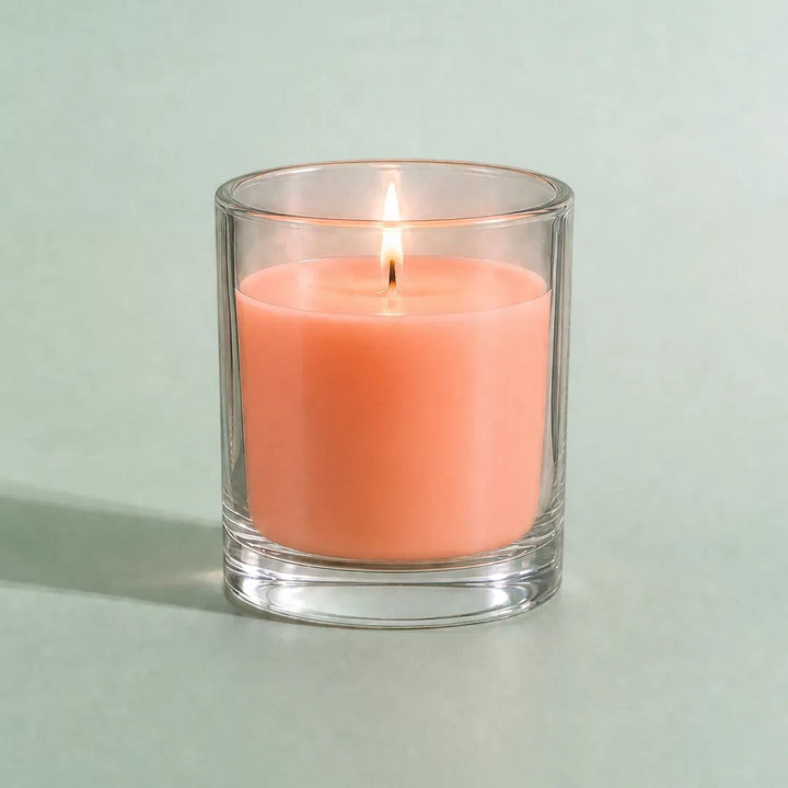 Pure Candle Supplies Melbourne fluro peach candle dye chip result in a lit glass container candle