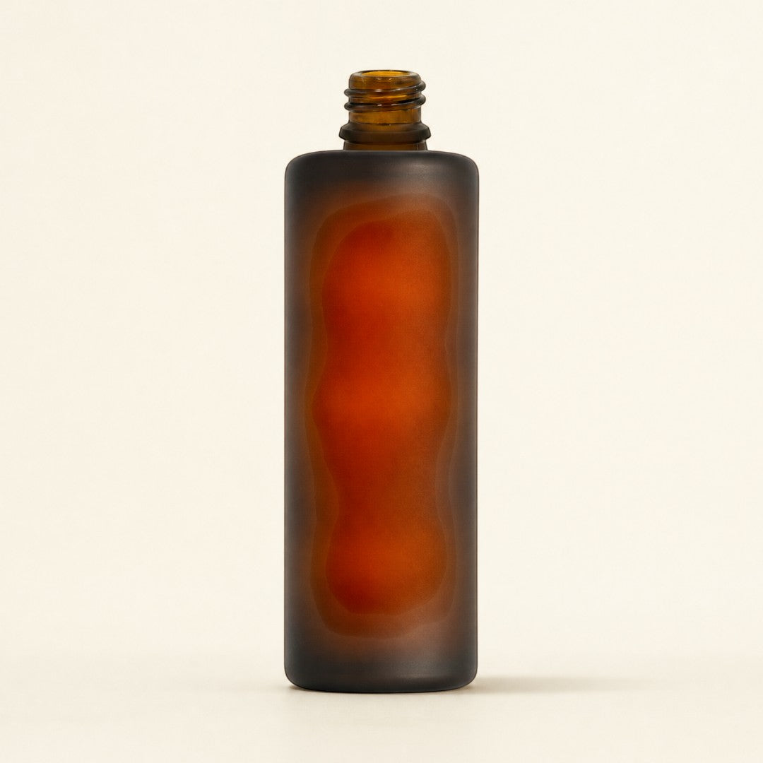 Pure Candle Supplies Melbourne 50ml cylindrical perfume bottle made of frosted amber glass with a threaded neck