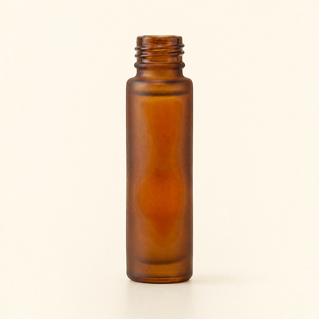 Pure Candle Supplies Melbourne 10ml cylindrical perfume bottle made of frosted amber glass for fragrance storage.