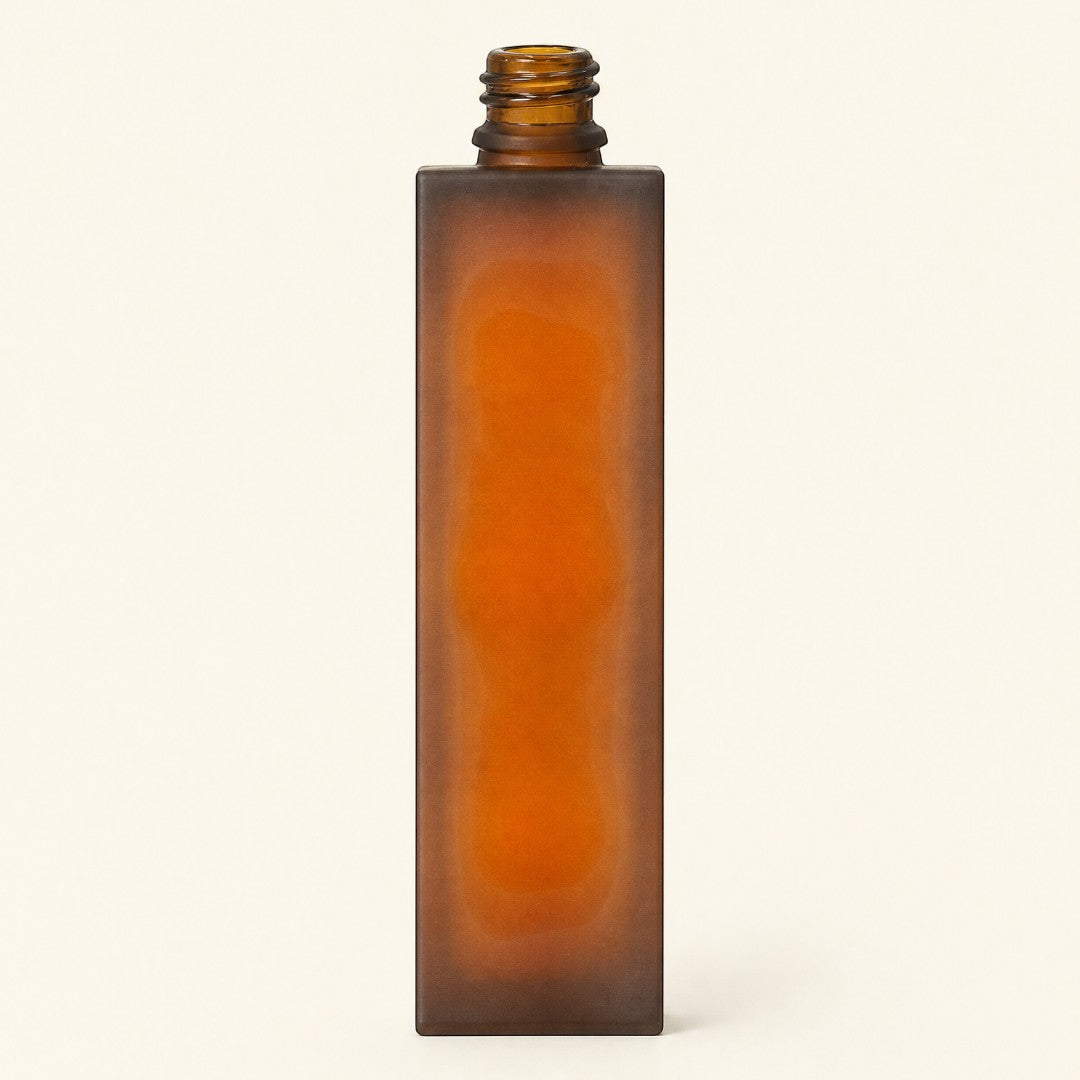 Pure Candle Supplies Melbourne 100ml rectangular perfume bottle in frosted amber glass with a chic dual layer finish.