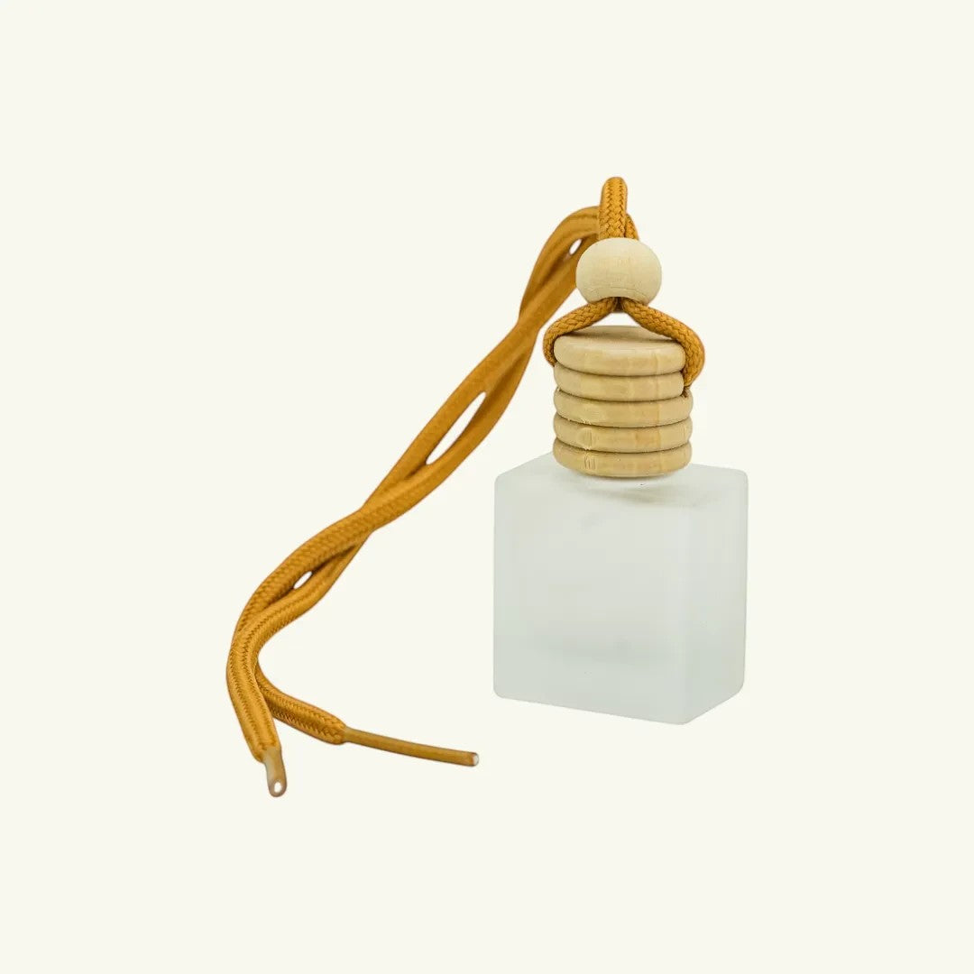 Pure Candle Supplies Melbourne frosted glass flask car diffuser with wooden lid and yellow rope hanger