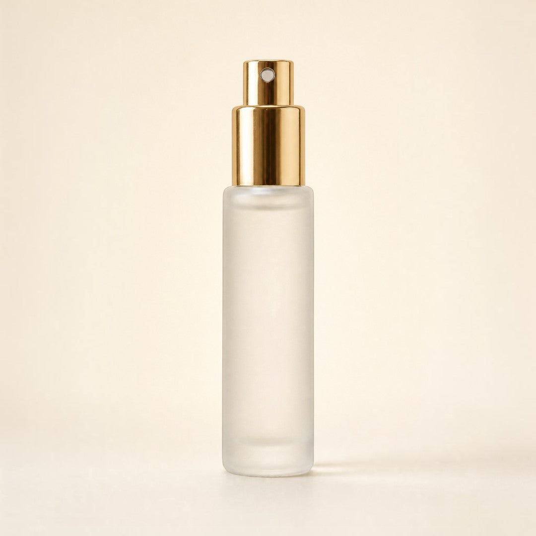 Pure Candle Supplies Melbourne 10ml frosted glass cylinder perfume bottle with a gold mister spray cap