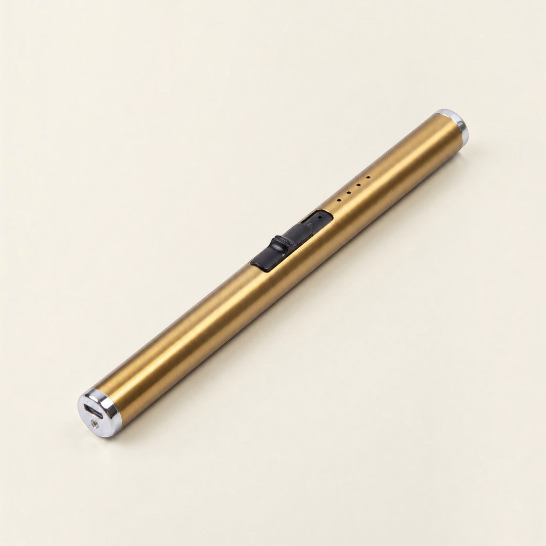 Pure Candle Supplies Melbourne gold rechargeable plasma arc USB lighter with a sleek elongated design and battery indicator