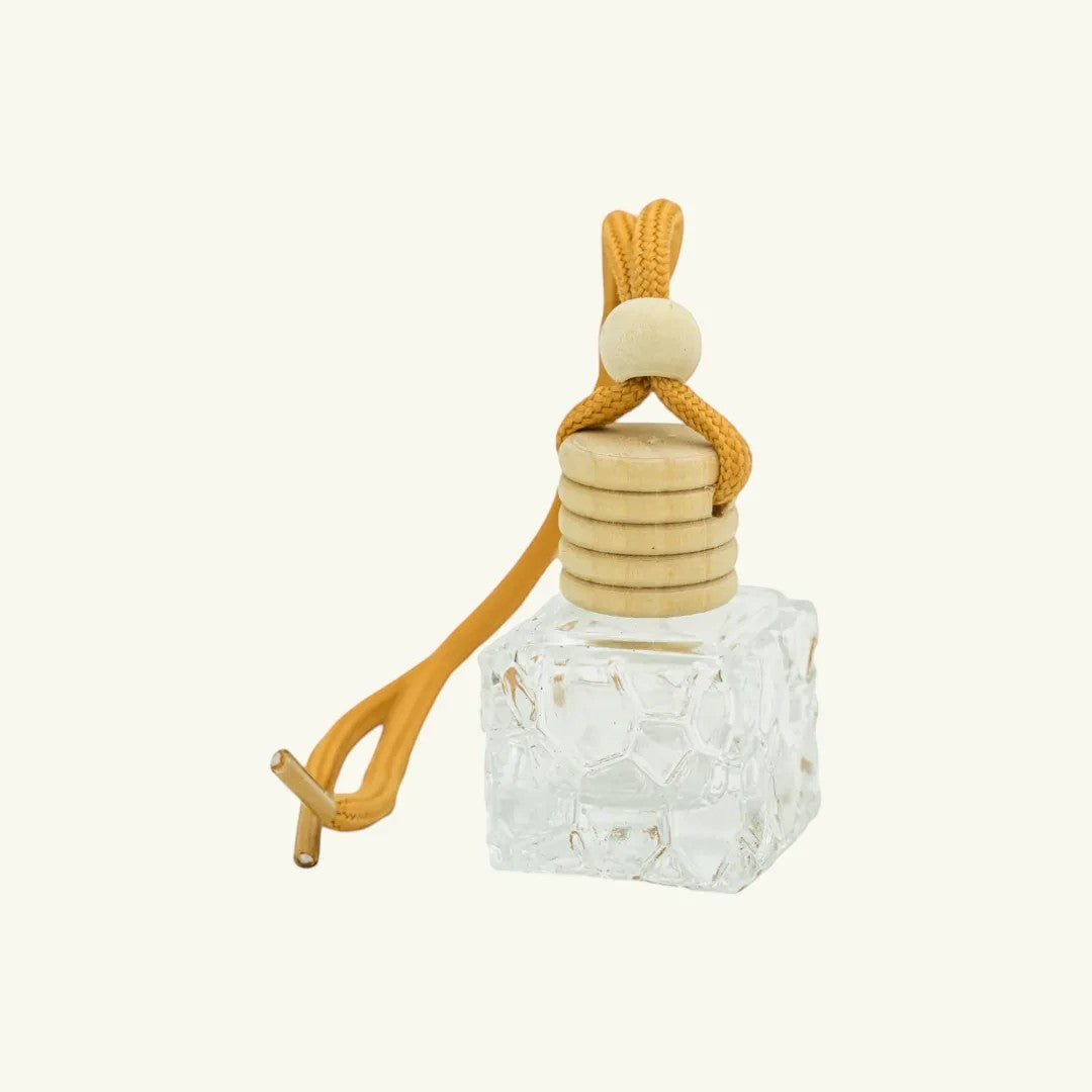 Pure Candle Supplies Melbourne honeycomb glass car diffuser with wooden lid and yellow rope hanger