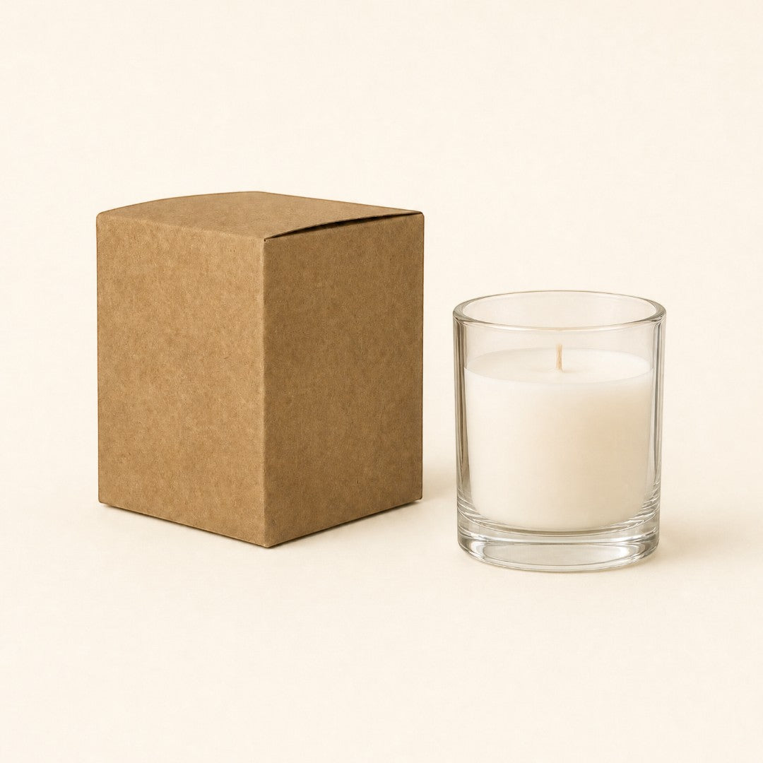 Pure Candle Supplies Melbourne medium kraft candle box next to a clear glass candle jar on a neutral background