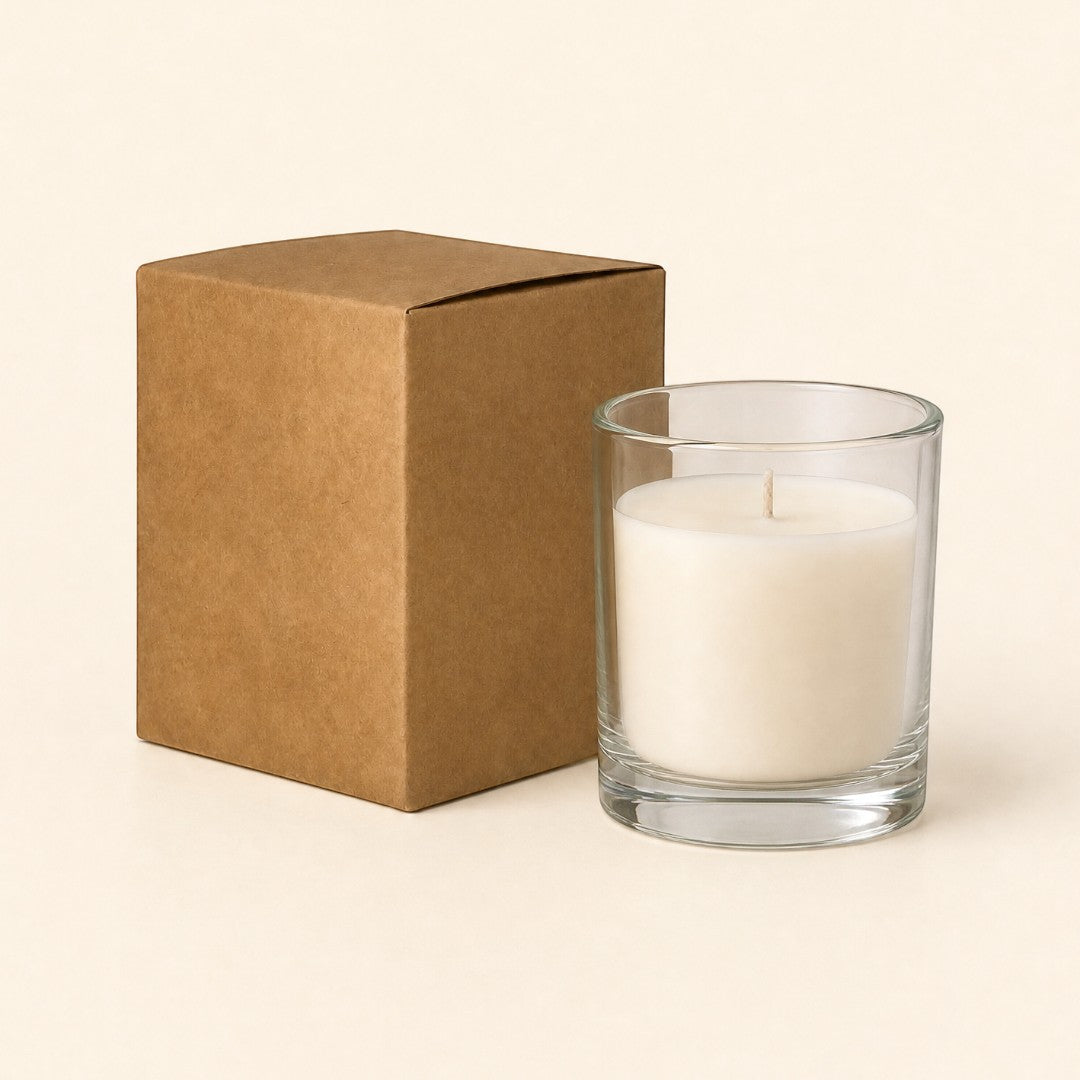 Pure Candle Supplies Melbourne large kraft candle box with a clear glass candle jar on a cream background