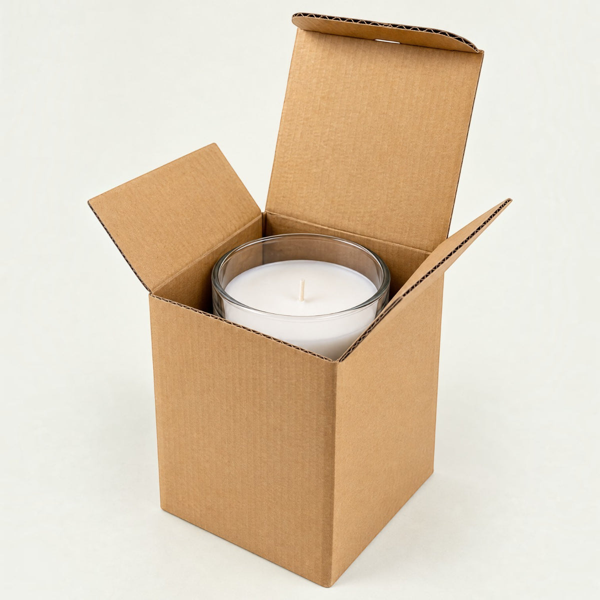 Pure Candle Supplies Melbourne large kraft corrugated cardboard mailer box with a glass candle jar inside
