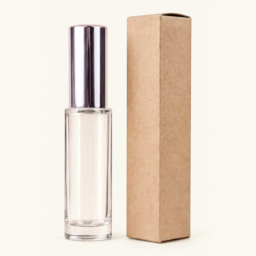 Pure Candle Supplies Melbourne 30ml perfume bottle next to a brown kraft cardboard packaging box with origami base