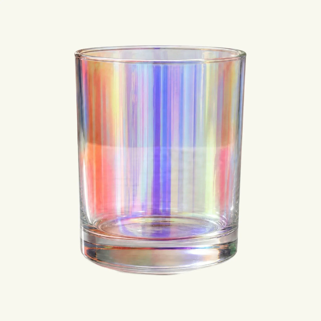 Pure Candle Supplies Melbourne large iridescent glass candle jar with vertical rainbow stripes.