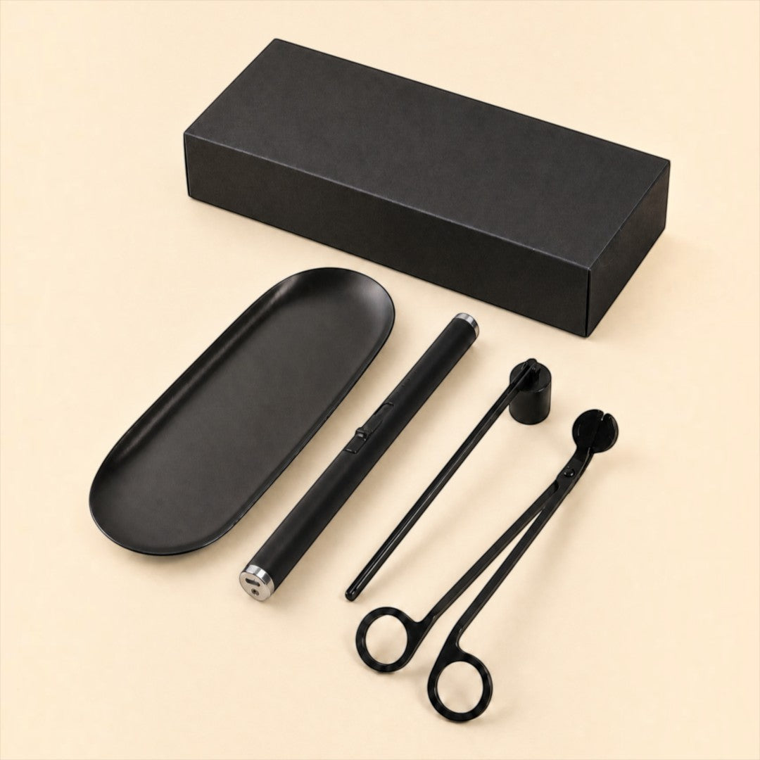 Pure Candle Supplies Melbourne matte black candle care kit with wick trimmer, snuffer, USB lighter, and storage tray.