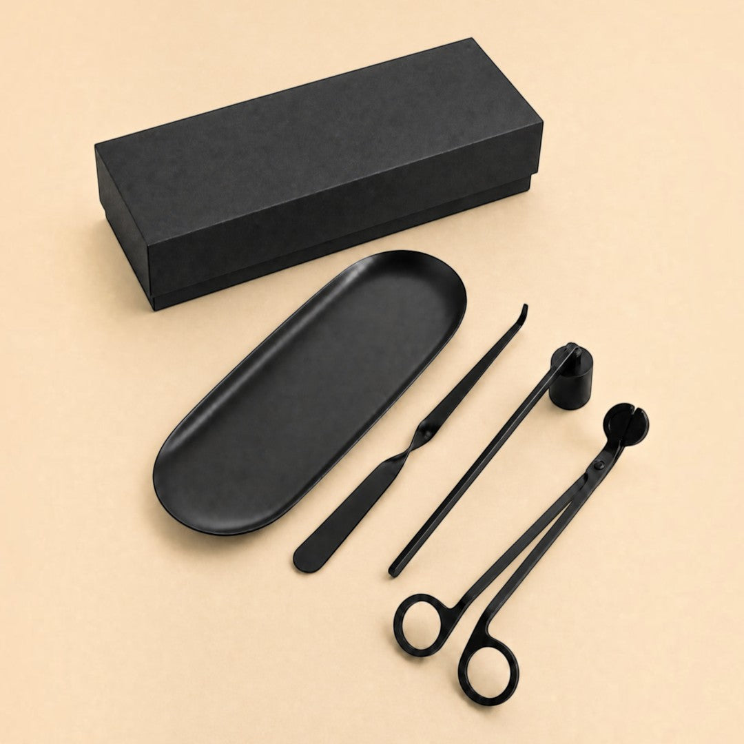 Pure Candle Supplies Melbourne 4-piece matte black candle care kit with wick trimmer, snuffer, dipper, and tray.