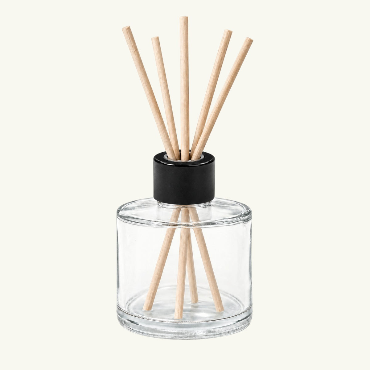 Pure Candle Supplies Melbourne matte black screw-on diffuser cap with wooden reeds in a clear glass base