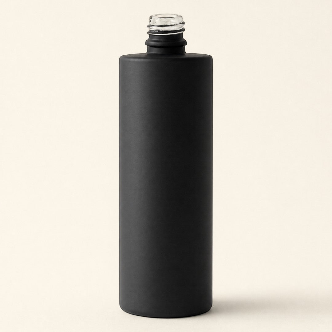 Pure Candle Supplies Melbourne 100ml matte black glass cylinder perfume bottle with a threaded neck