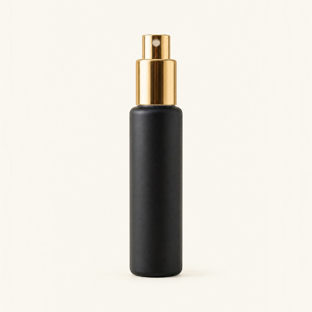 Pure Candle Supplies Melbourne 10ml matte black glass cylinder perfume bottle with a gold mister spray cap