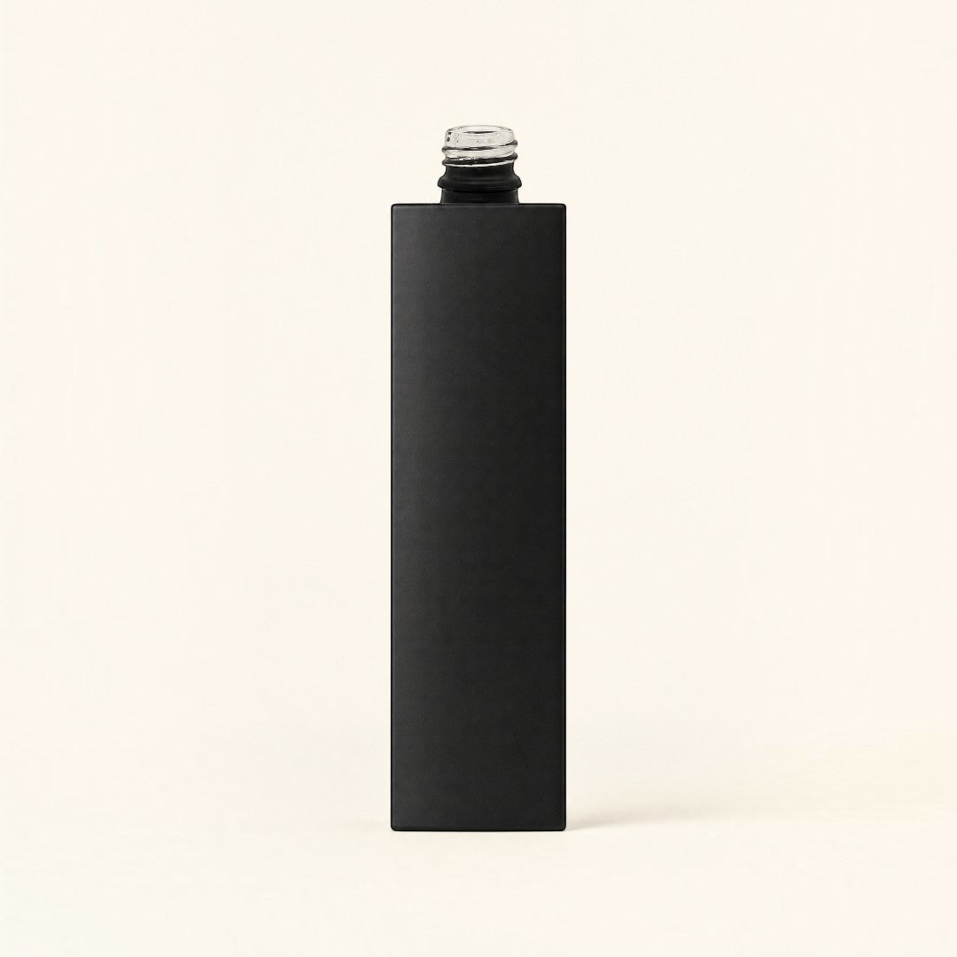 Pure Candle Supplies Melbourne 30ml rectangular glass perfume bottle with a chic matte black finish.