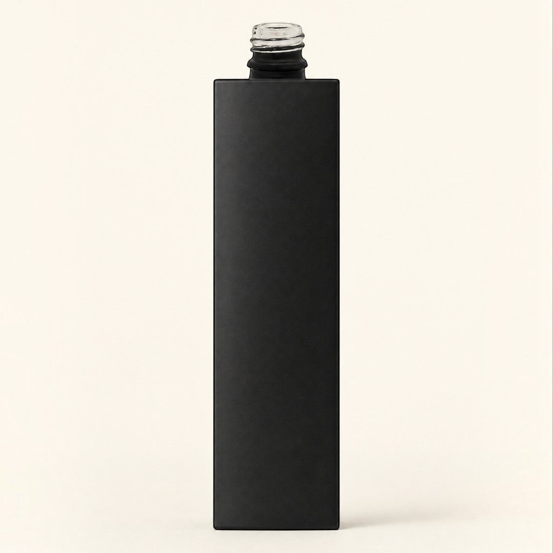 Pure Candle Supplies Melbourne 100ml rectangular perfume bottle with a chic matte black finish and clear glass neck.