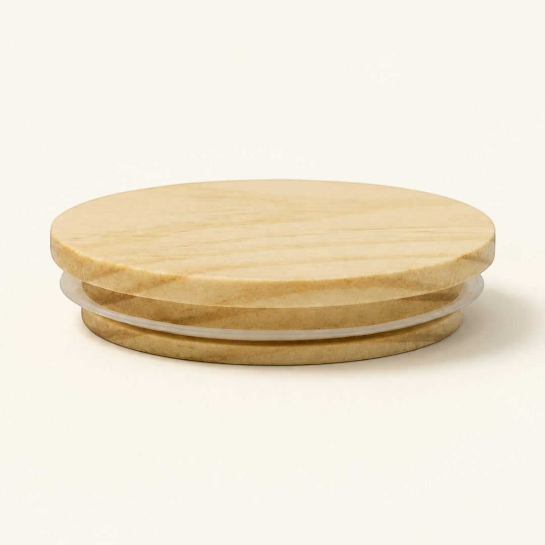 Pure Candle Supplies Melbourne medium pine timber candle lid with a clear silicone seal for a secure fit.