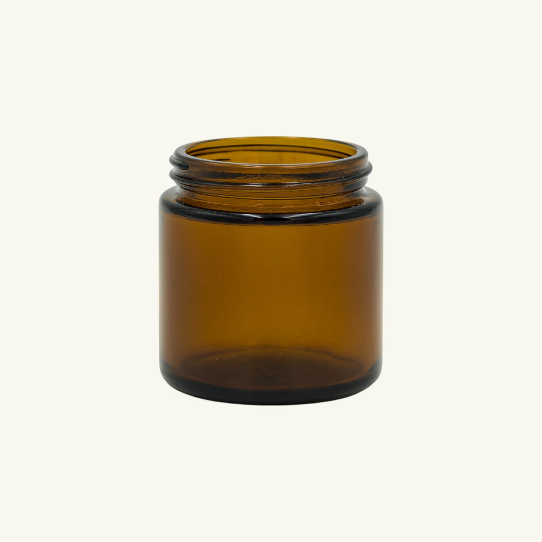 Pure Candle Supplies Melbourne mini amber glass jar with threaded rim, vintage apothecary style.
