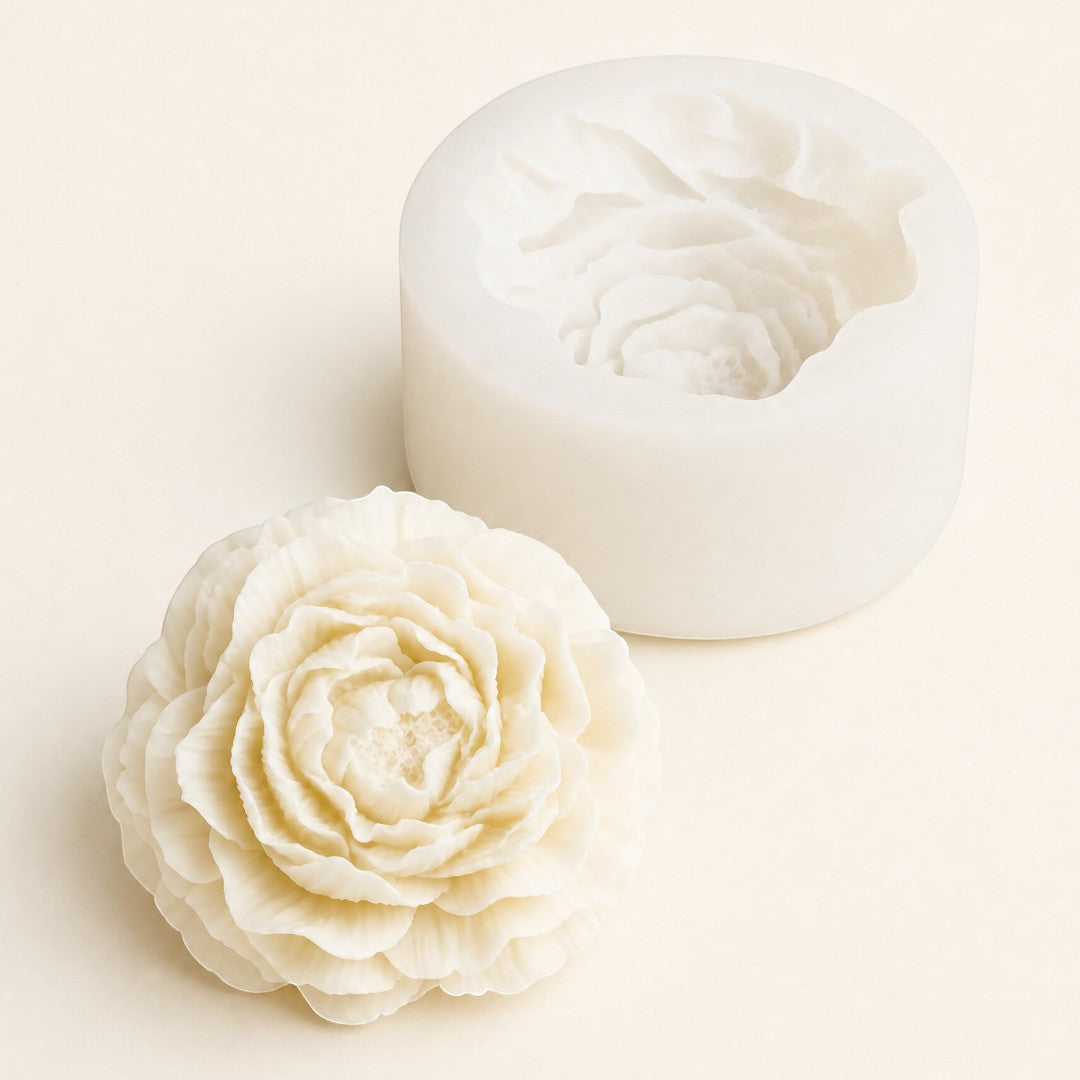 Pure Candle Supplies Melbourne peony flower silicone candle mould with a finished detailed floral wax candle