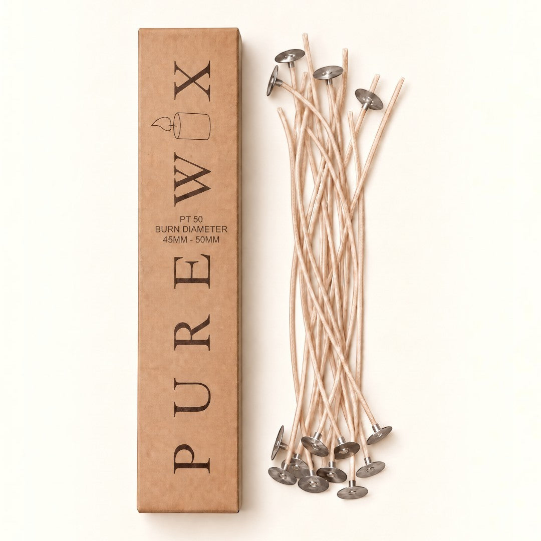 Pure Candle Supplies Melbourne PT50 flat braided candle wicks with paper filament and metal tabs in a brown box