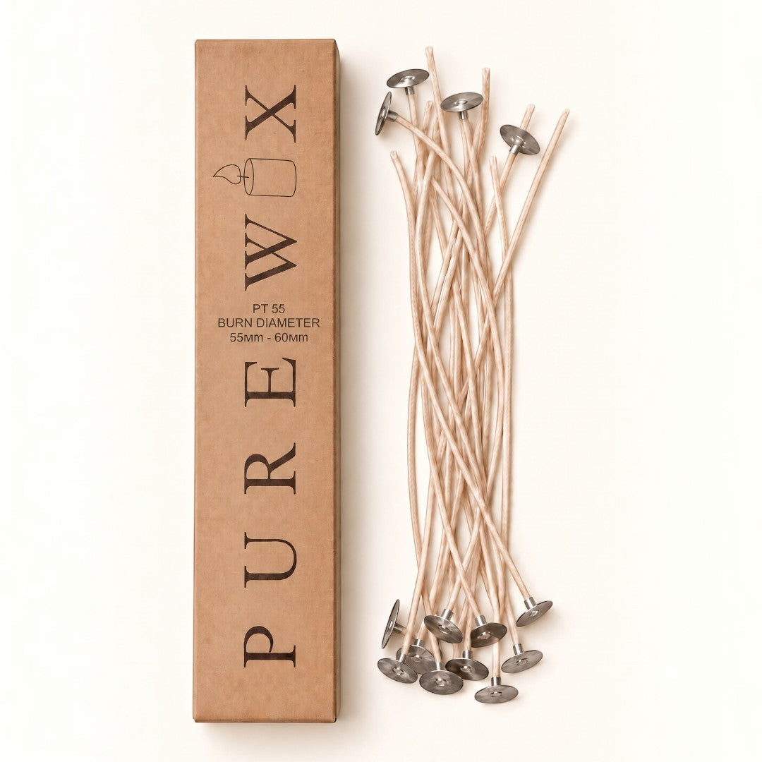Pure Candle Supplies Melbourne PT55 flat braided cotton candle wicks with paper filament and metal tabs in a box