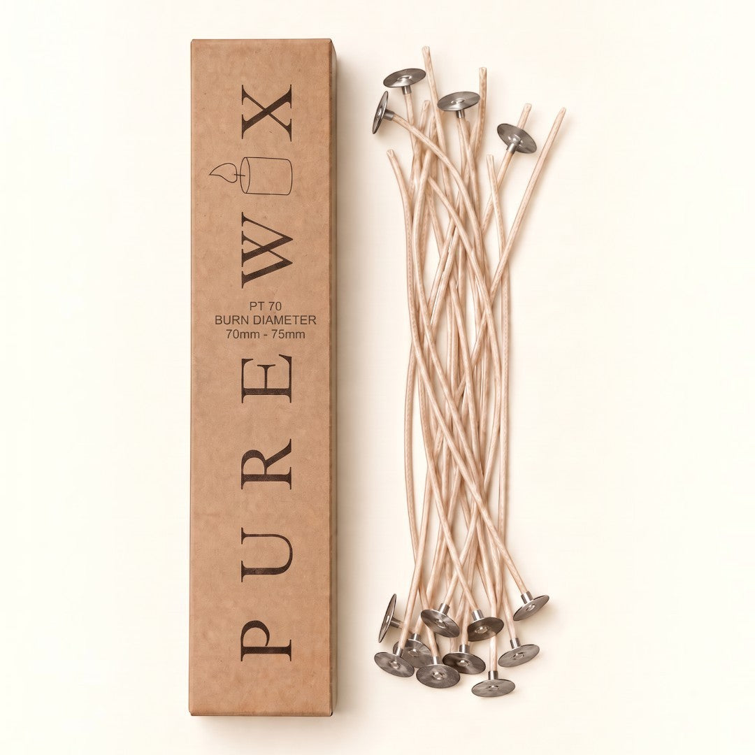 Pure Candle Supplies Melbourne PT70 flat braided cotton and paper candle wicks with metal tabs in a branded box.