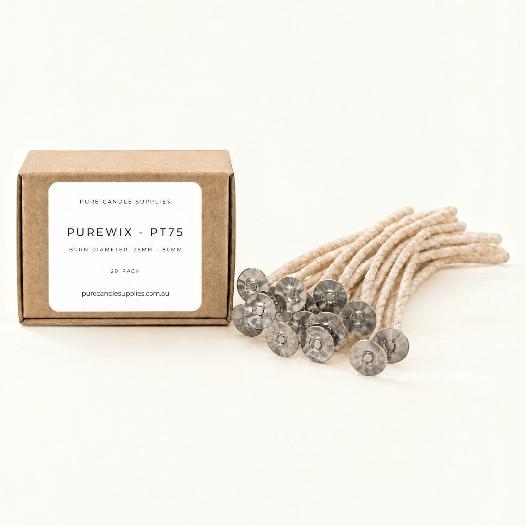 Pure Candle Supplies Melbourne PT75 flat braided candle wicks with metal tabs and recyclable packaging box.