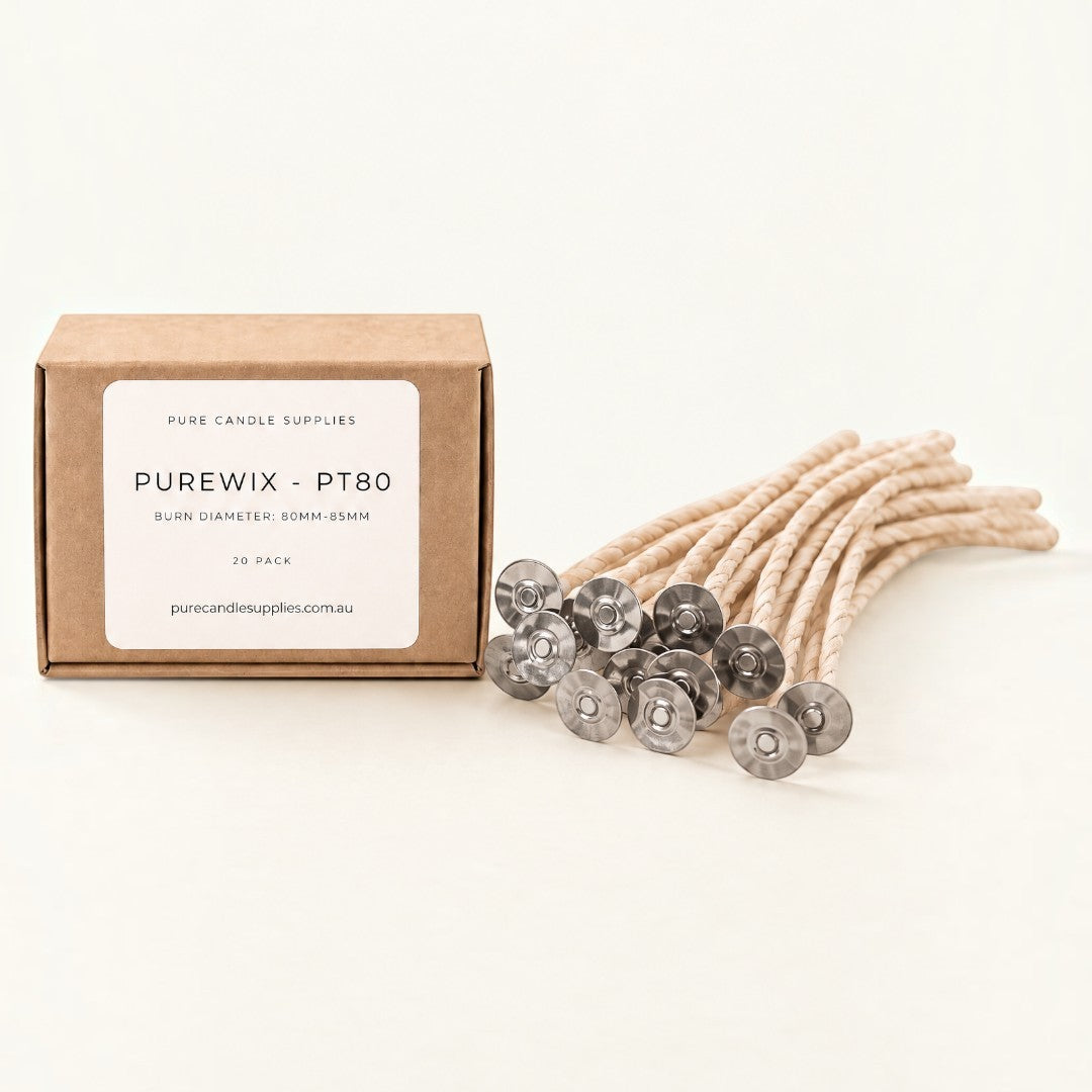 Pure Candle Supplies Melbourne PT80 flat braided cotton candle wicks with metal tabs and recyclable packaging box