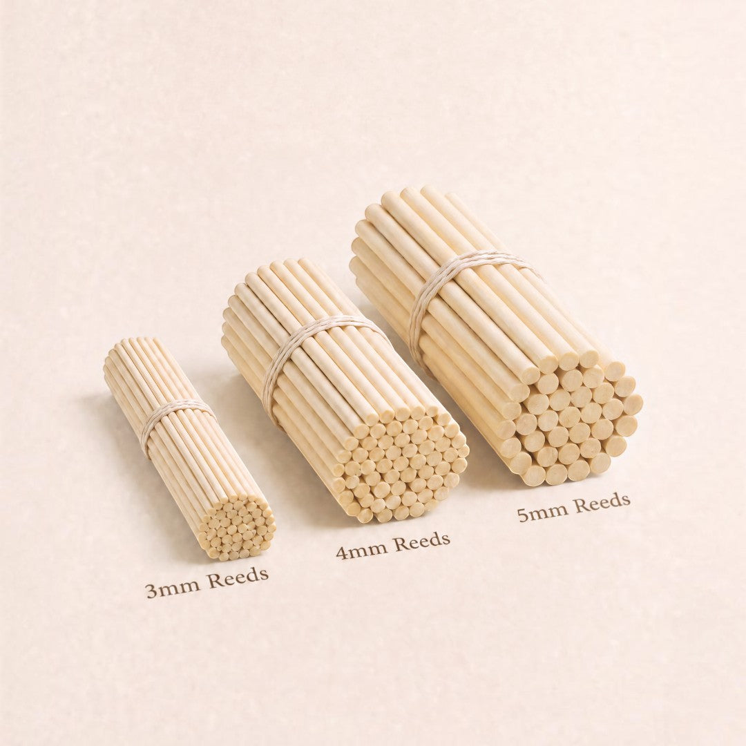 Pure Candle Supplies Melbourne rattan reed diffuser sticks in 3mm, 4mm, and 5mm widths tied in bundles