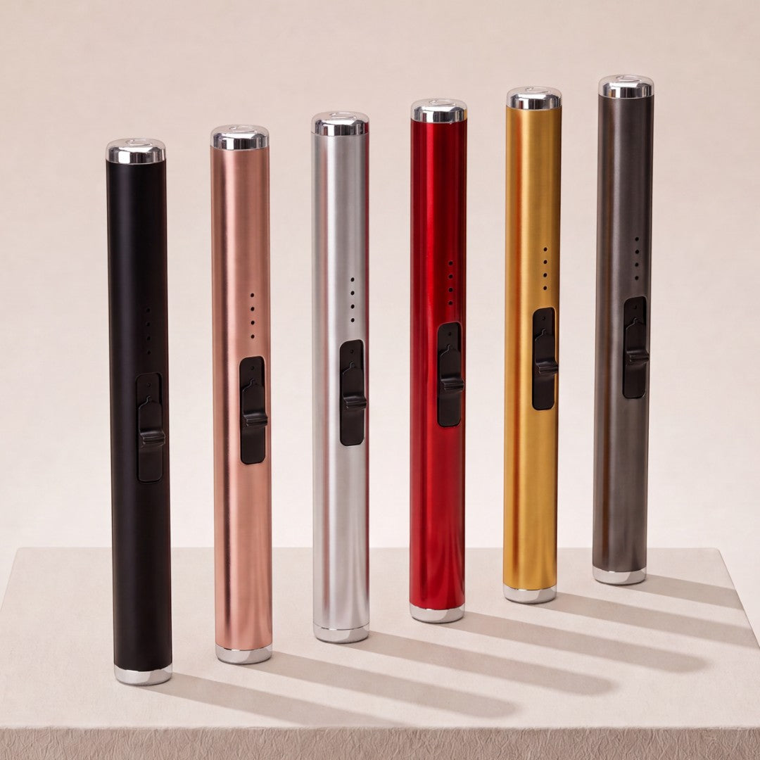 Pure Candle Supplies Melbourne rechargeable plasma arc USB lighters in various metallic and matte finishes.