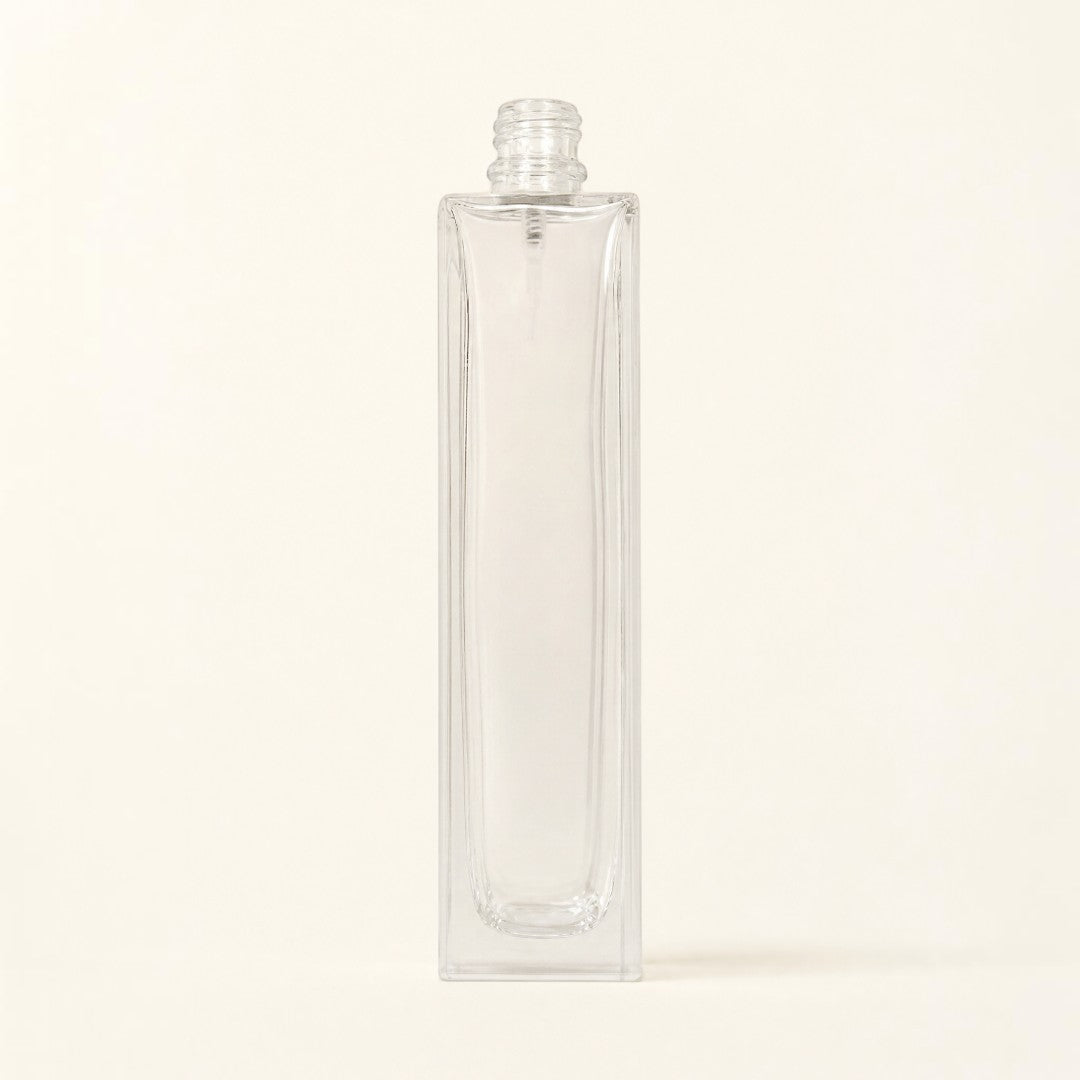 Pure Candle Supplies Melbourne 50ml rectangular clear glass perfume bottle with a threaded neck