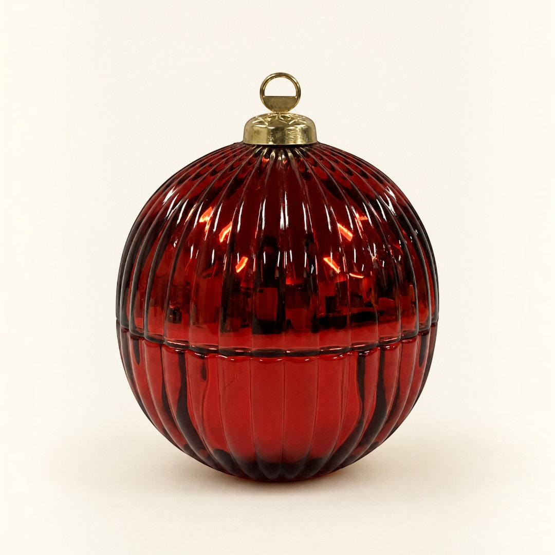Pure Candle Supplies Melbourne mini red glass Christmas bauble candle jar with a ribbed reflective finish.