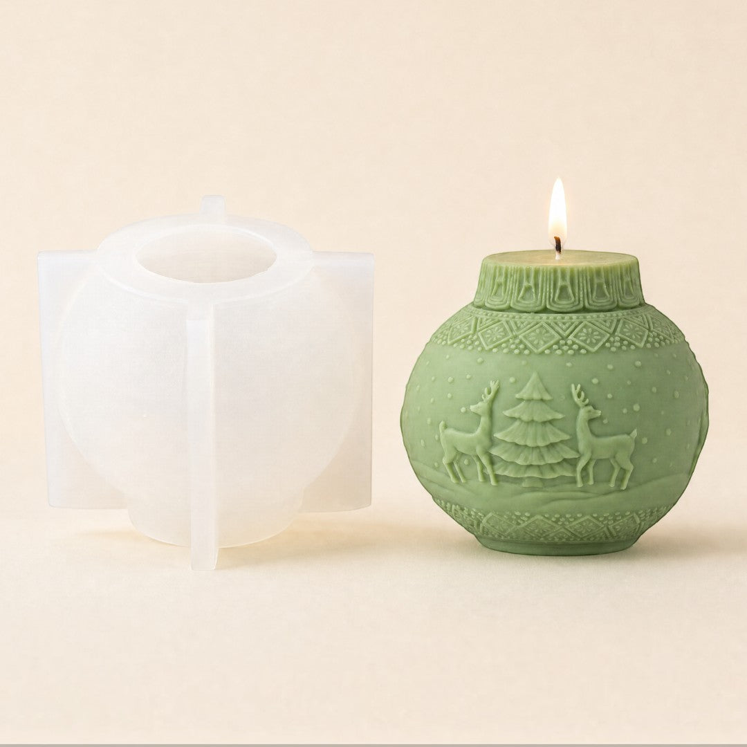 Pure Candle Supplies Melbourne silicone bauble mould next to a green reindeer and woodland patterned Christmas candle