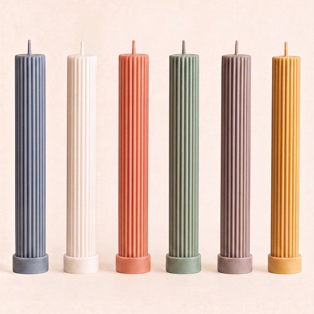 Pure Candle Supplies Melbourne ribbed column pillar candles in assorted matte colours standing in a row