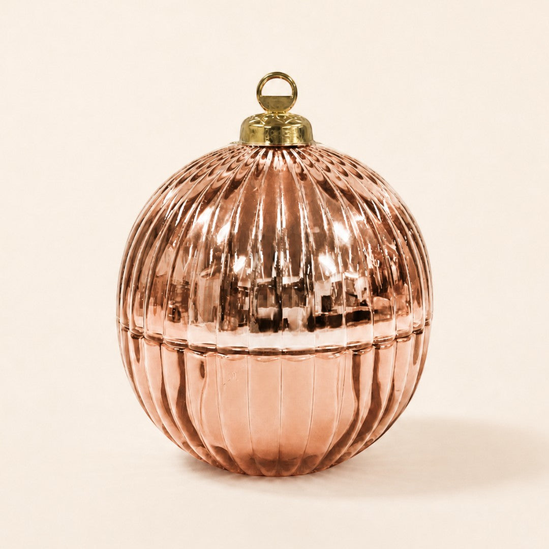 Pure Candle Supplies Melbourne mini rose gold ribbed glass Christmas bauble candle jar with reflective finish