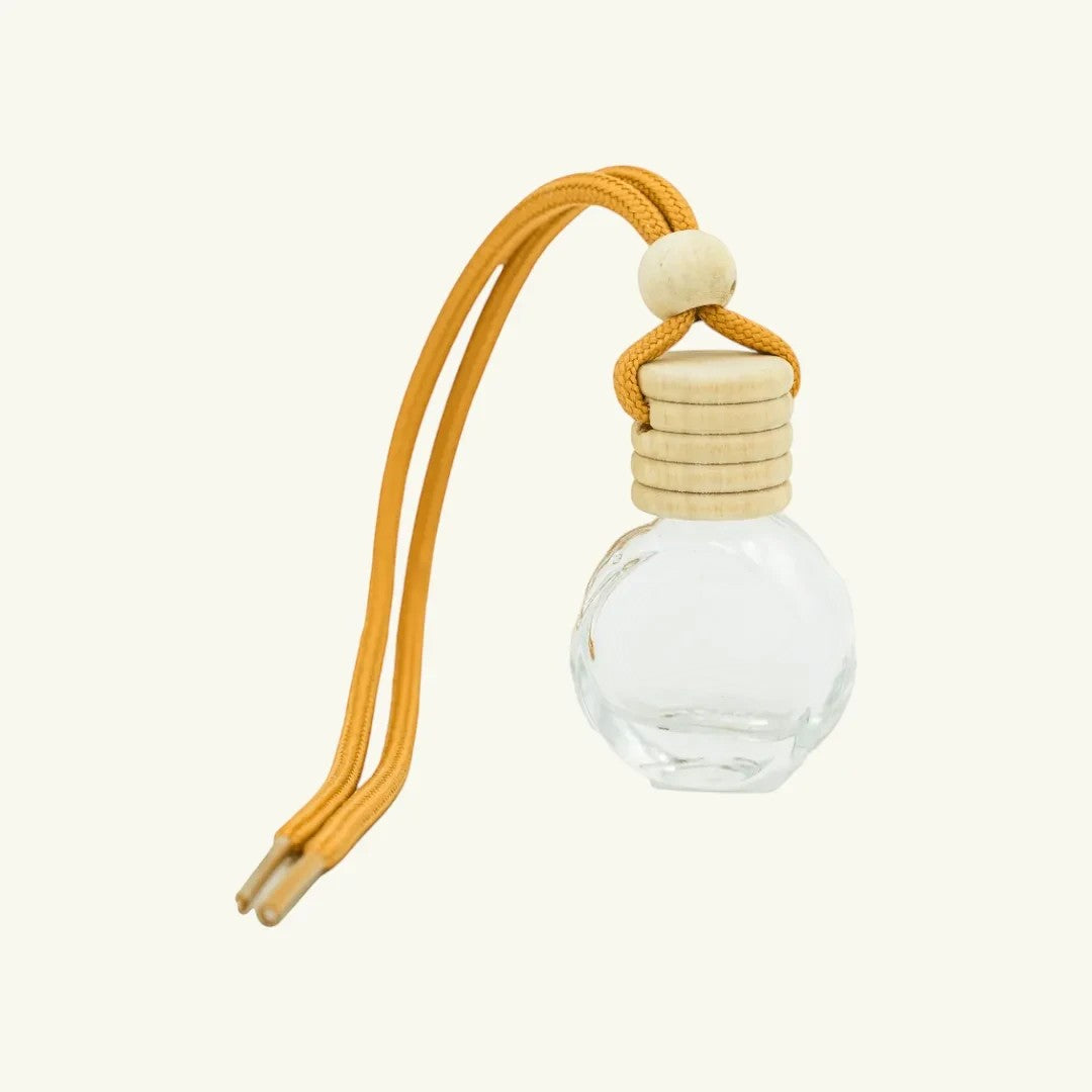 Pure Candle Supplies Melbourne round glass car diffuser with wooden lid and yellow rope hanger