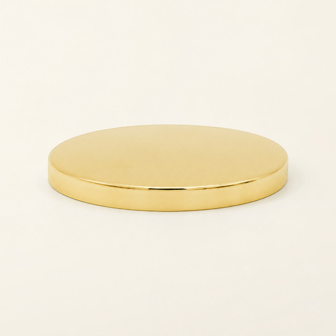 Pure Candle Supplies Melbourne medium shiny gold metal candle jar lid for dust protection and fragrance preservation.