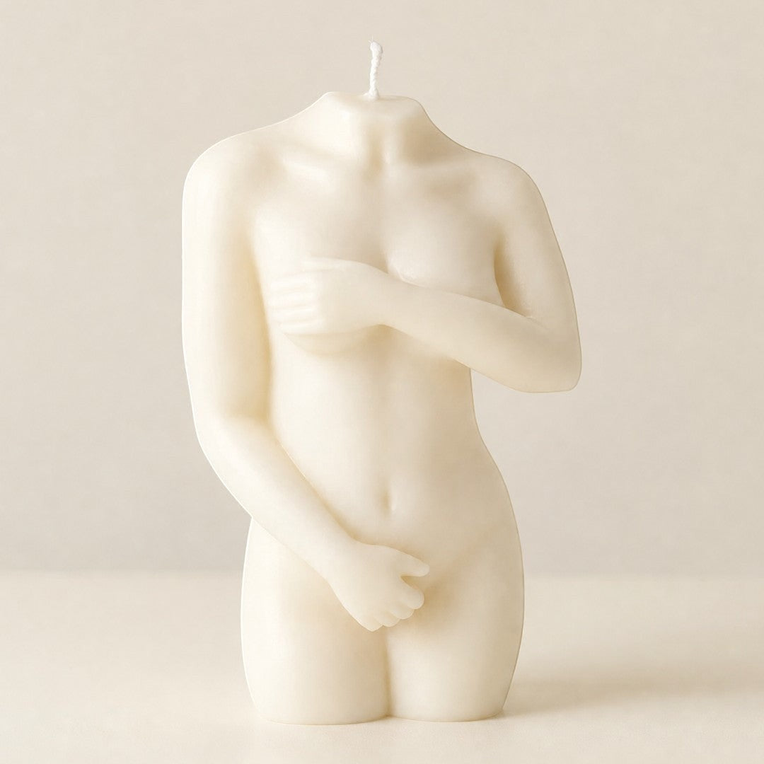Pure Candle Supplies Melbourne shy girl female form candle made of cream wax with a central wick