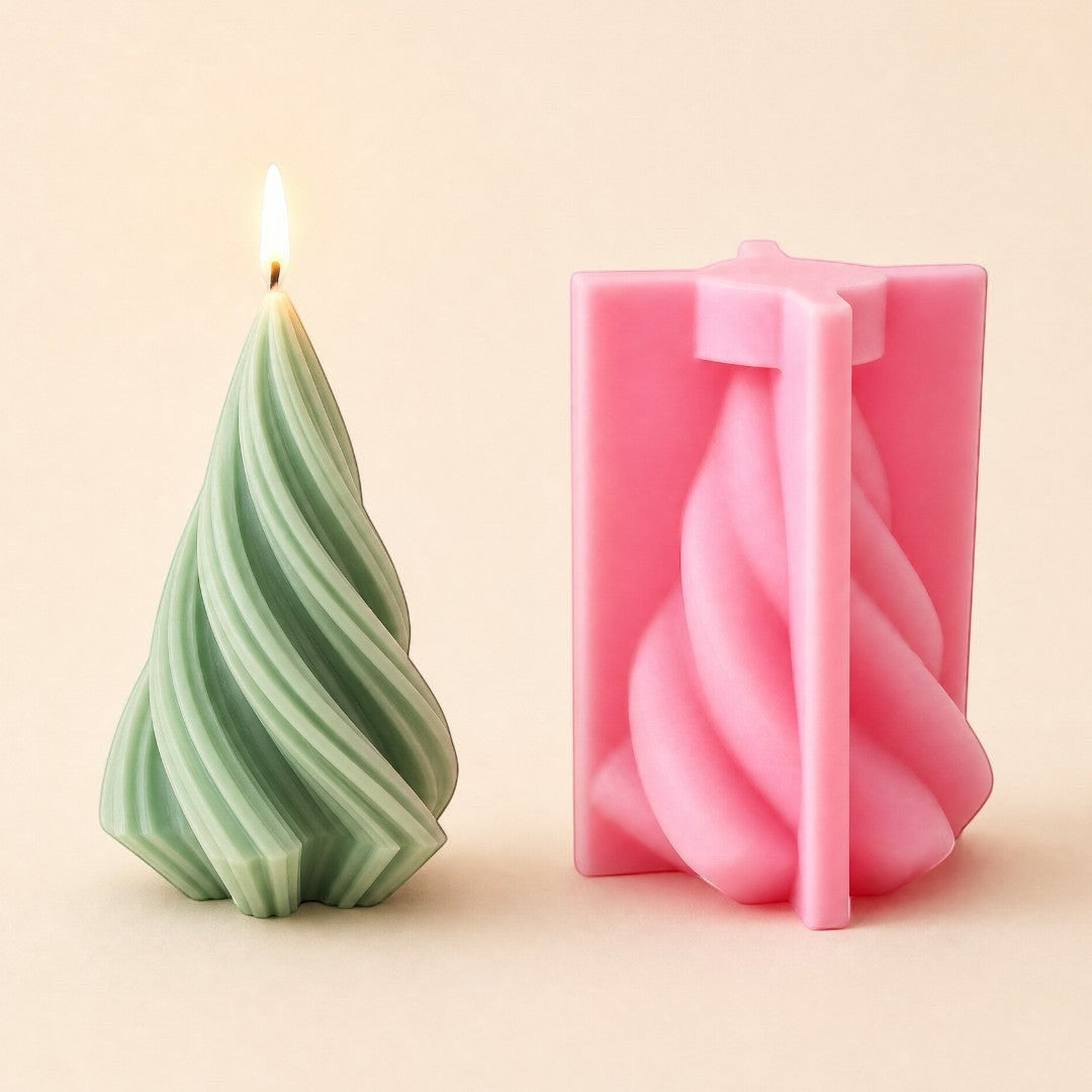 Pure Candle Supplies Melbourne spiral Christmas tree silicone mould next to a lit sage green spiral tree candle.