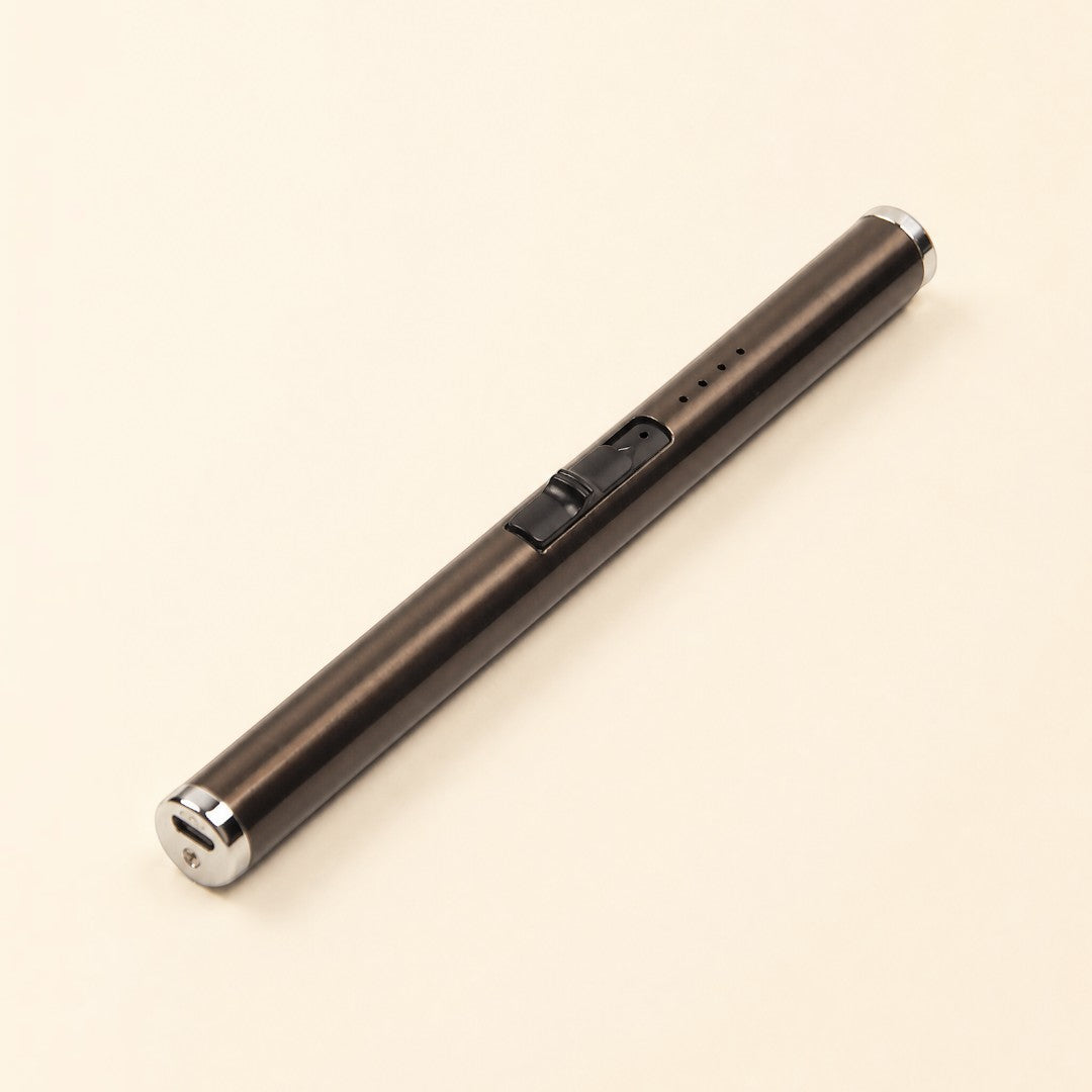 Pure Candle Supplies Melbourne rechargeable USB plasma arc lighter with a sleek dark metallic finish and safety lock.