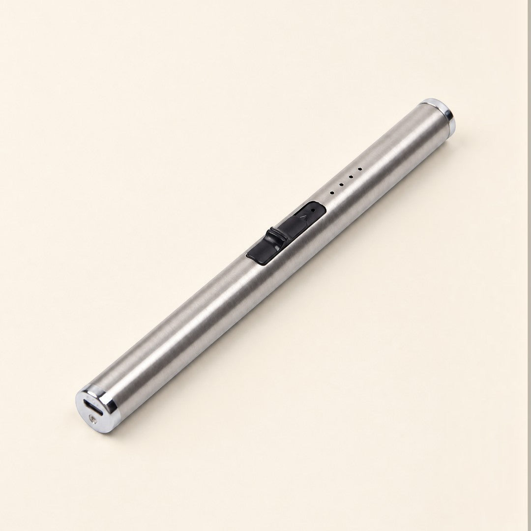 Pure Candle Supplies Melbourne rechargeable USB plasma arc lighter in a sleek silver metal finish with safety lock.