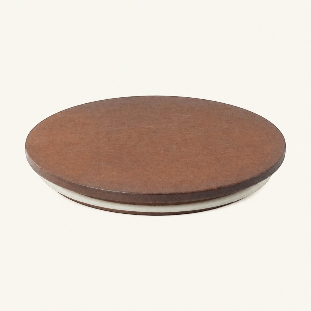 Pure Candle Supplies Melbourne large walnut timber lid for candle jars with a 4mm thickness and white silicone seal.