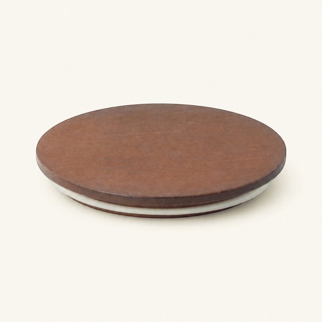 Pure Candle Supplies Melbourne medium walnut timber lid for candle jars with a 4mm thickness and smooth finish.