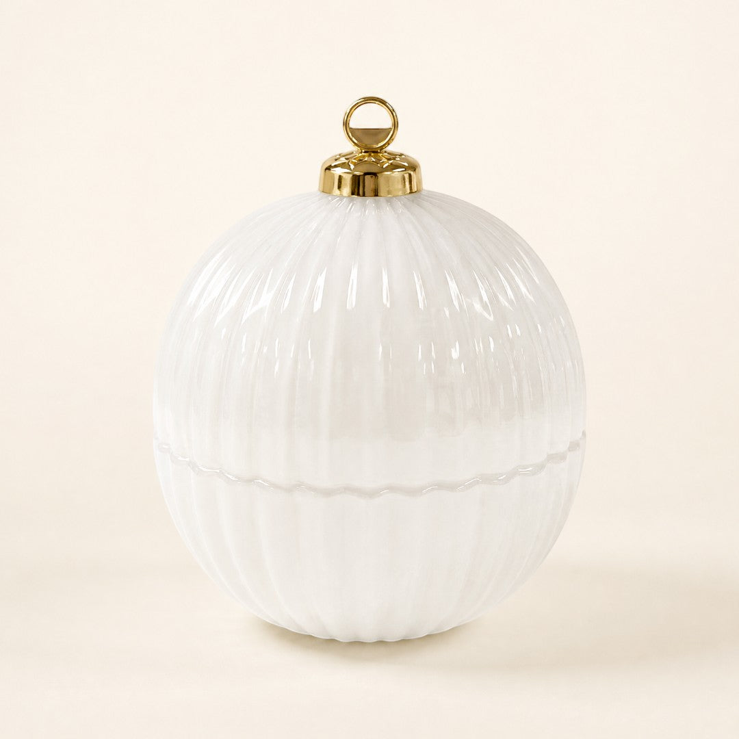 Pure Candle Supplies Melbourne mini white glass Christmas bauble candle jar with a gold metallic topper.
