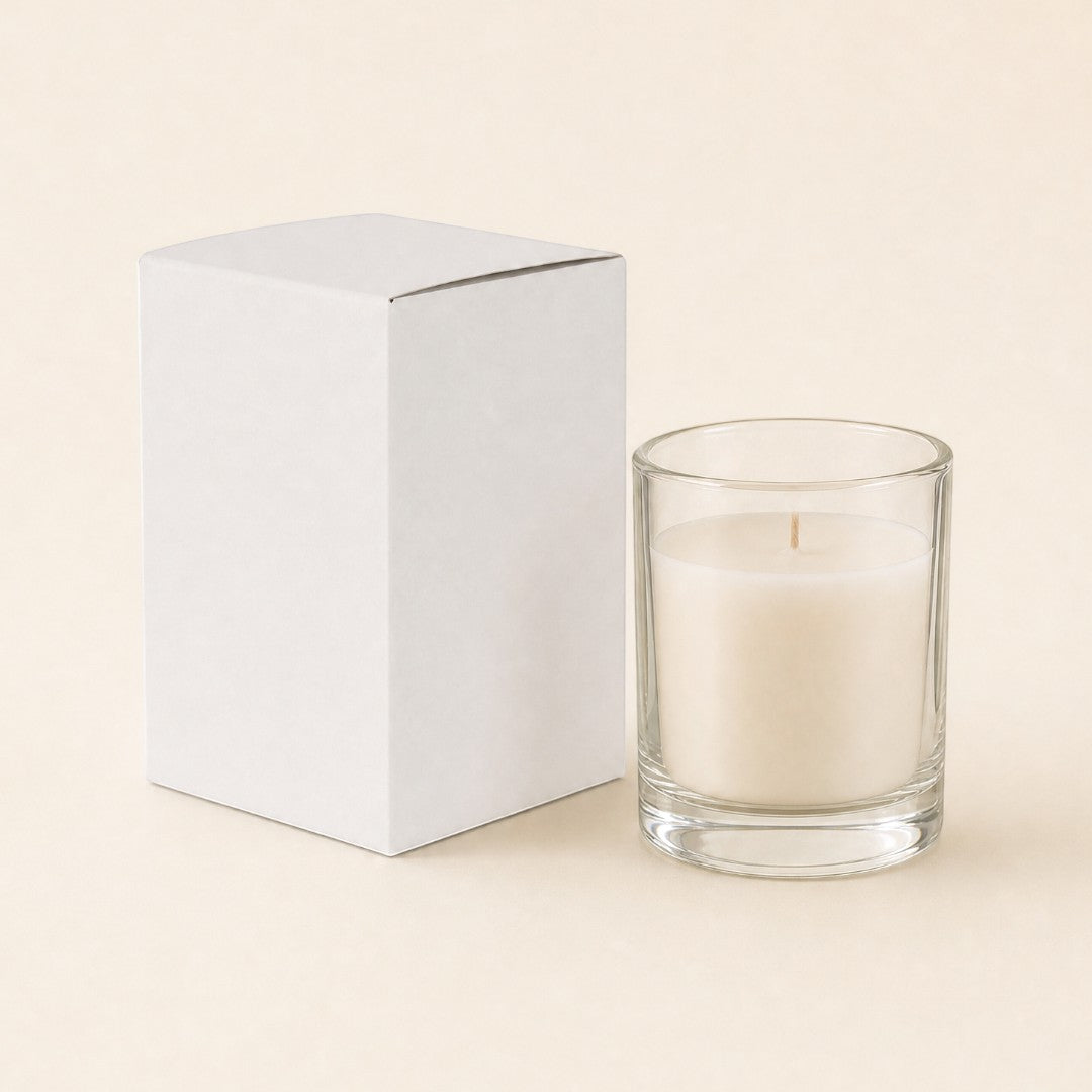 Pure Candle Supplies Melbourne extra large white candle box next to a clear glass candle jar on a neutral background
