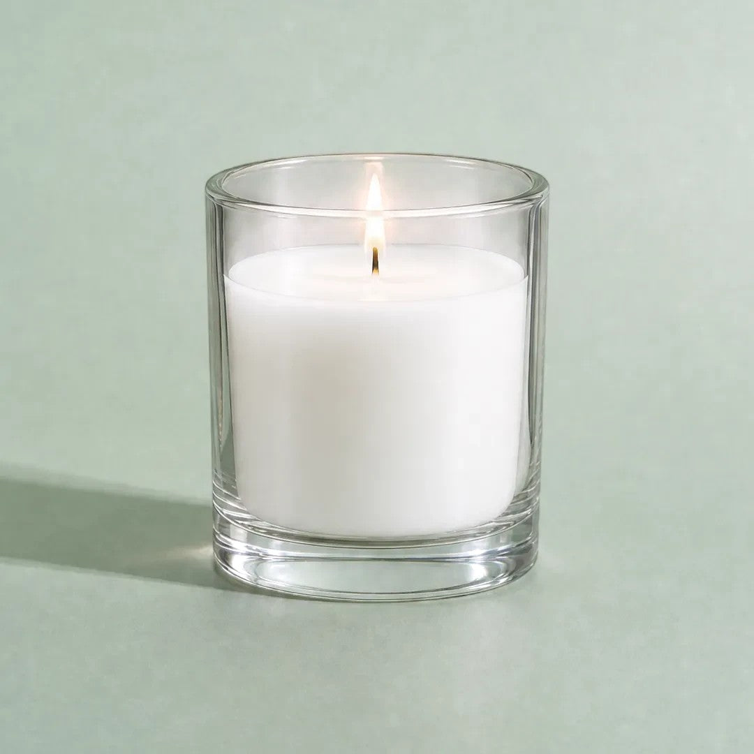 Pure Candle Supplies Melbourne white candle dye result in a lit glass container candle with a clean opaque finish
