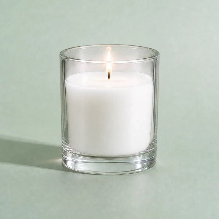 Pure Candle Supplies Melbourne white candle dye result in a lit glass container candle with a clean opaque finish