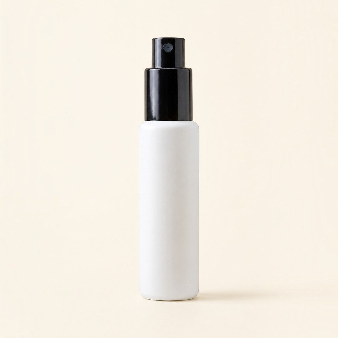 Pure Candle Supplies Melbourne 10ml white glass cylinder perfume bottle with a black mister spray cap