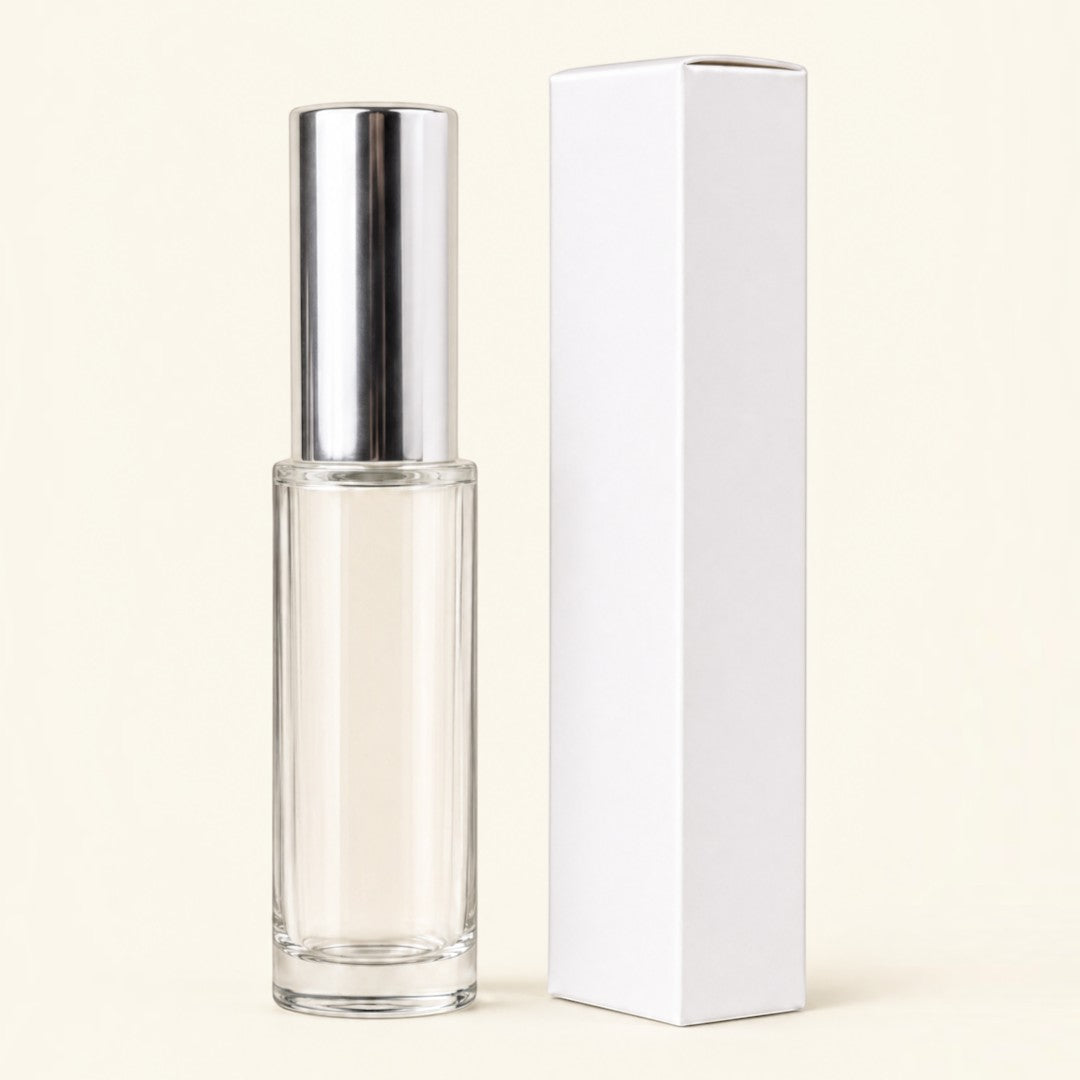 Pure Candle Supplies Melbourne white cardboard perfume bottle packaging next to a 100ml glass bottle with silver cap